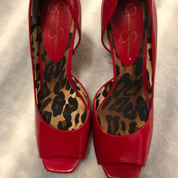 Jessica Simpson Shoes - Jessica Simpson Red Patent Leather Peep Toe Pumps